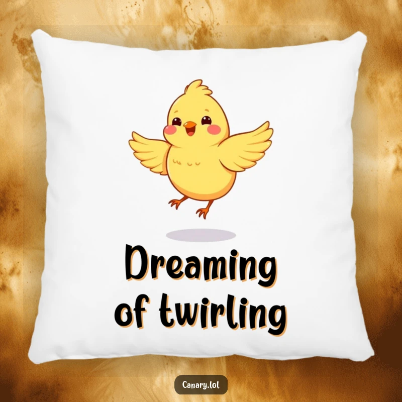 Funny pillow featuring a happy canary spinning in a circle with wings flapping, perfect for adding a dose of playful energy.