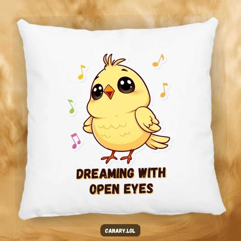 Funny pillow featuring a tiny canary with big, round eyes singing a cheerful tune, perfect for cozying up.
