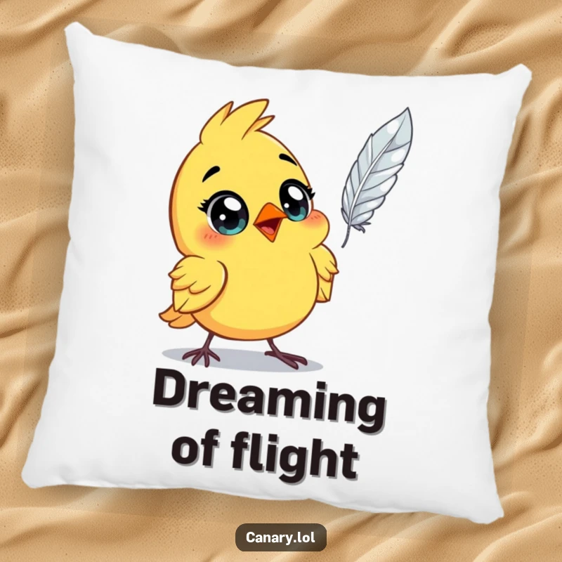 Funny astonished canary bird pillow, wide eyes, staring at a floating feather. A soft, decorative, and humorously surprised cushion.