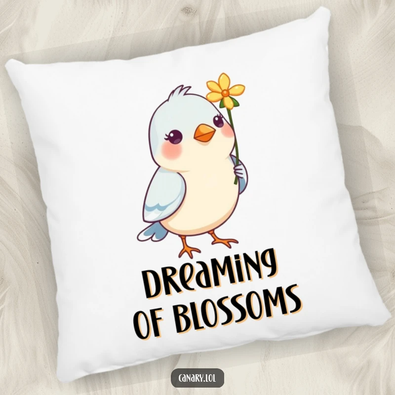 Funny Bird Pillow: A plush cushion showcasing a bird with a vibrant flower in its beak, perfect for a cozy, cheerful touch.