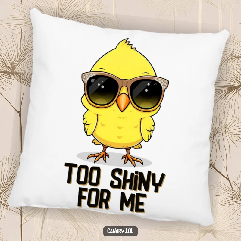 Funny canary bird pillow showcasing a bird comically wearing oversized, sparkly sunglasses, adding comfort and humor.