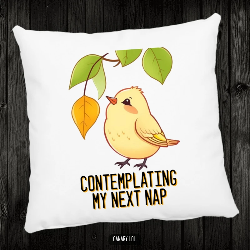 Funny Pillow design with a yellow canary humorously tilting its head to watch a red leaf fall, adding a touch of whimsy.