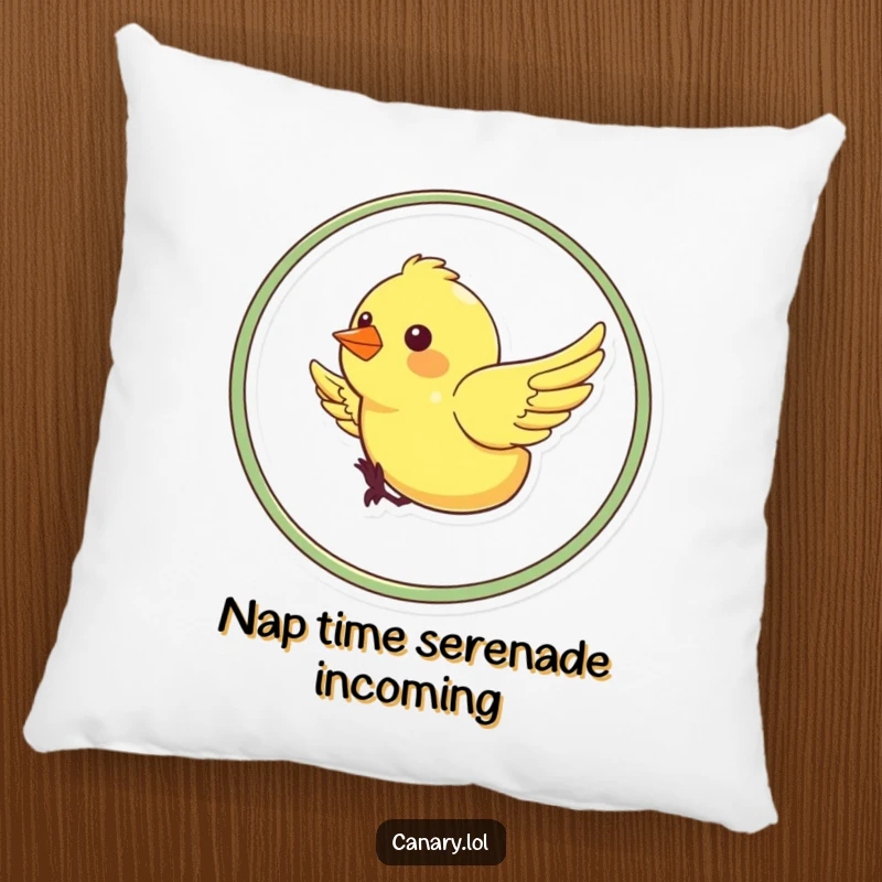 Funny pillow showcasing a happy yellow canary in a joyful loop-the-loop formation, perfect for adding a dose of cheer to any cushion.