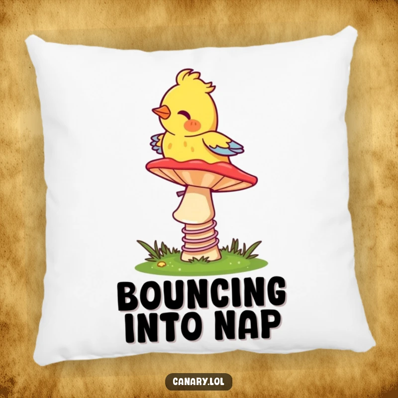 Funny Canary Pillow: A soft cushion showing a happy bird bouncing on a mushroom, perfect for adding whimsical comfort.