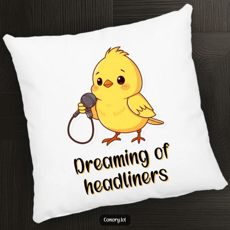Funny Pillow design of a tiny yellow canary dramatically posing with a twig microphone, adding a touch of musical humor to your decor.