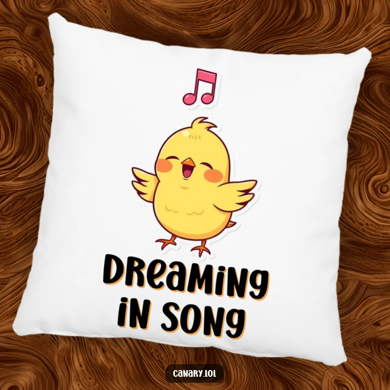 Funny Canary Pillow: Soft decorative pillow with a cheerful bird singing loudly with a musical note, adding comfort and musical charm.
