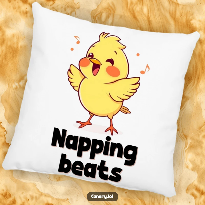 Funny cheerful canary bird pillow, enthusiastically bobbing its head to a beat. A soft, decorative, and rhythmically fun cushion.