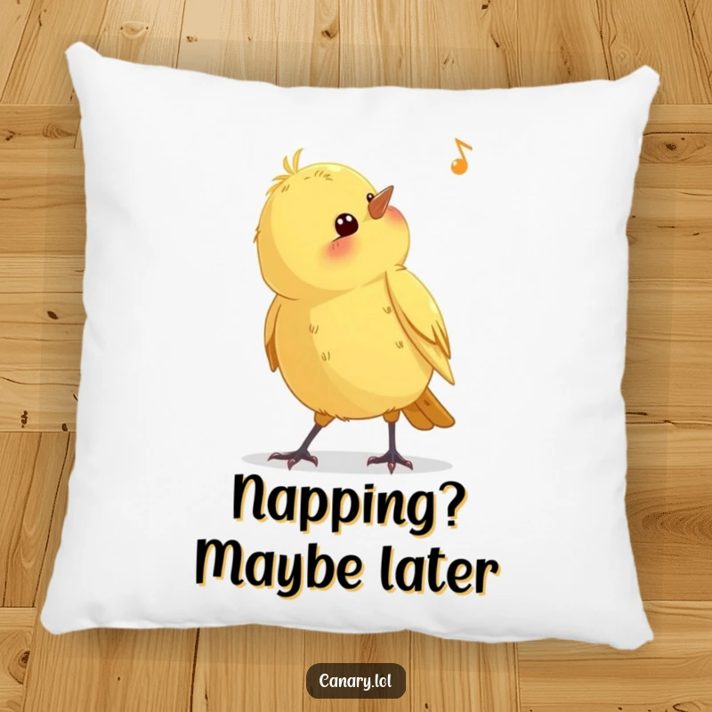 Funny curious canary bird pillow, head tilted in curiosity, soft and decorative cushion, ideal for adding humor and comfort to a home.