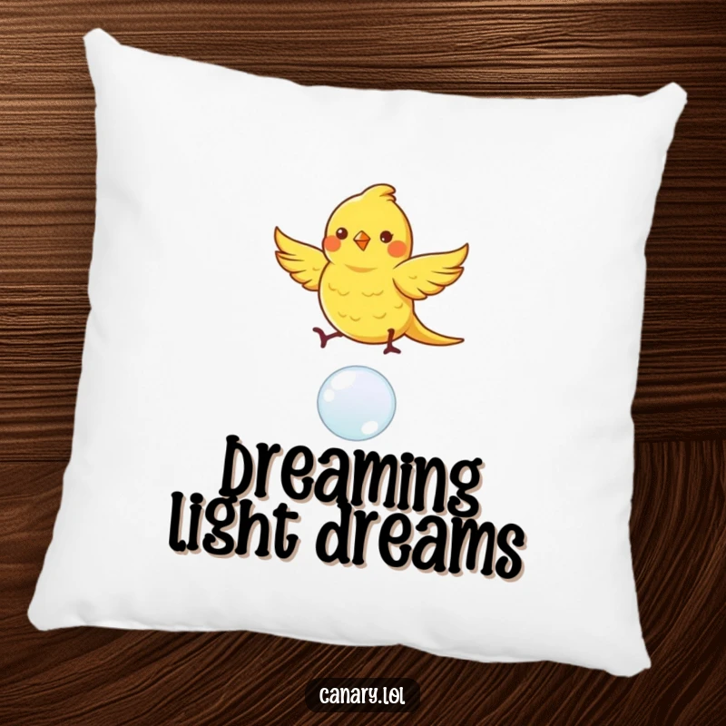 Funny canary bird pillow, dancing with fluttering wings on a bouncing bubble, offering soft comfort and whimsical, humorous decor.