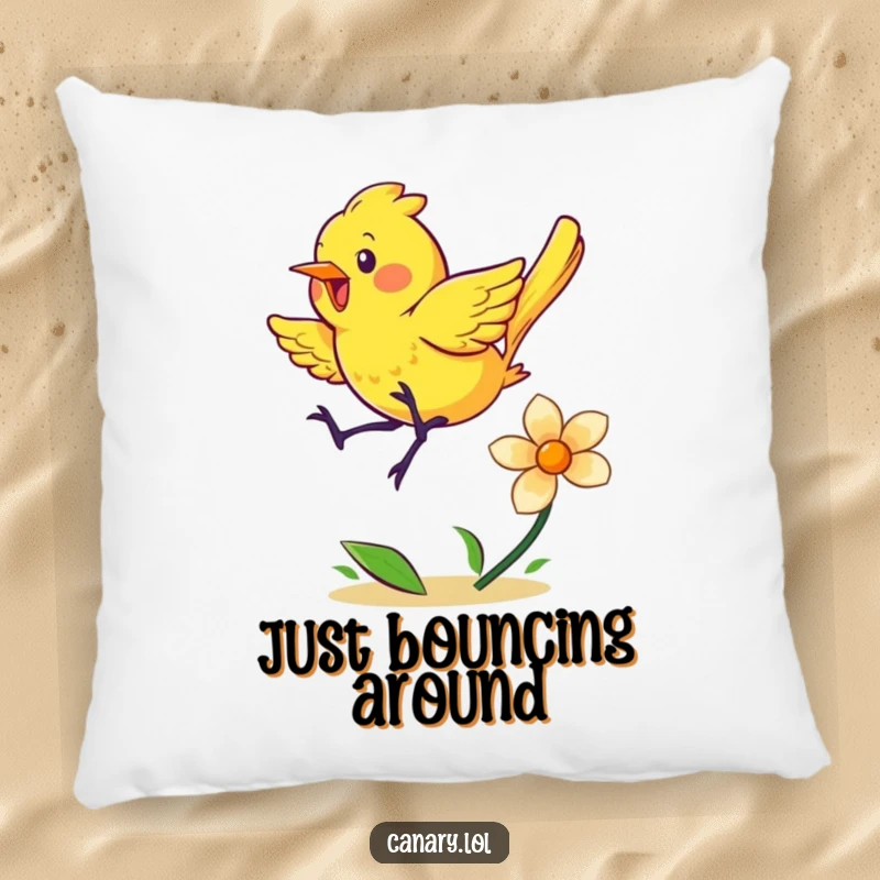 Funny pillow featuring a happy yellow canary energetically bouncing on a spring flower, providing comfort and a dose of cheer.