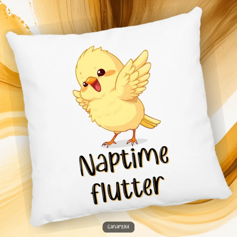 Funny Pillow showcasing a fluffy canary bird with wings fluttered in excitement, bringing soft, humorous comfort.