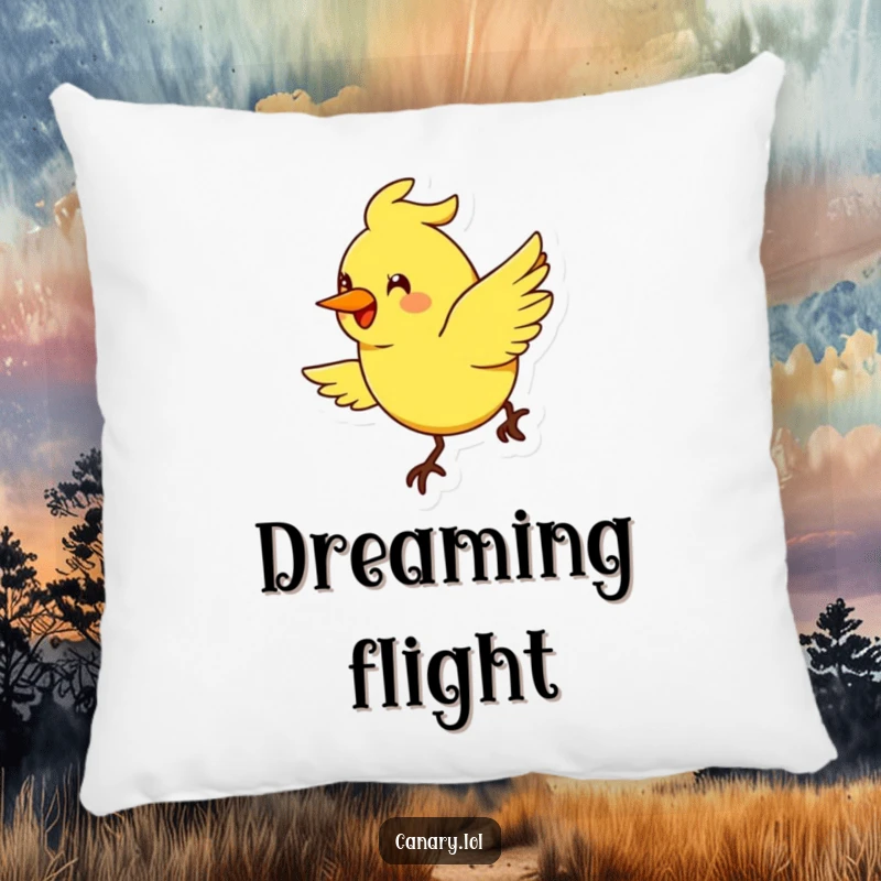 Funny stylized canary bird pillow, exaggerated smile, flying in a cheerful arc, soft cushion, joyful home accent.