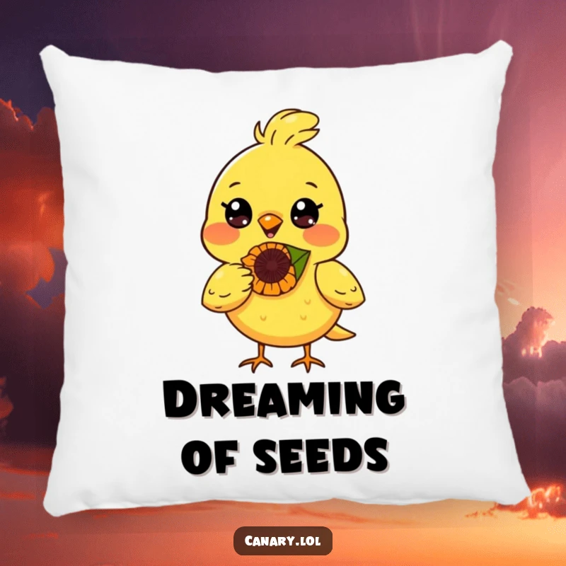 Funny canary bird pillow, radiant smile, balancing a sunflower seed on its nose, soft, decorative, and cheerful.