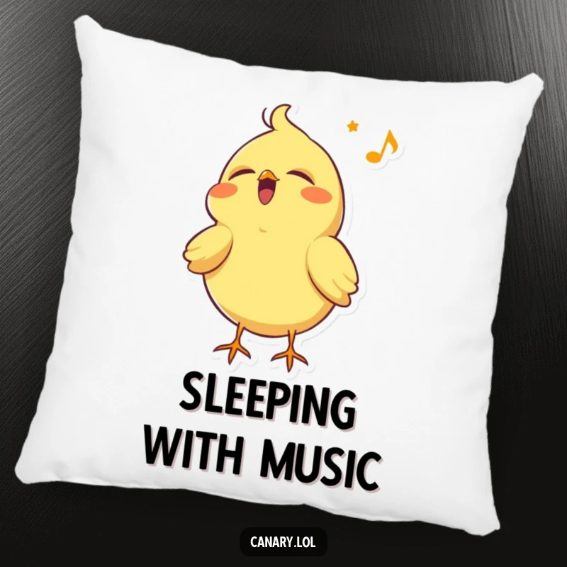 Funny canary bird pillow, singing with eyes closed and head tilted back, offering soft comfort and cheerful, humorous decor.