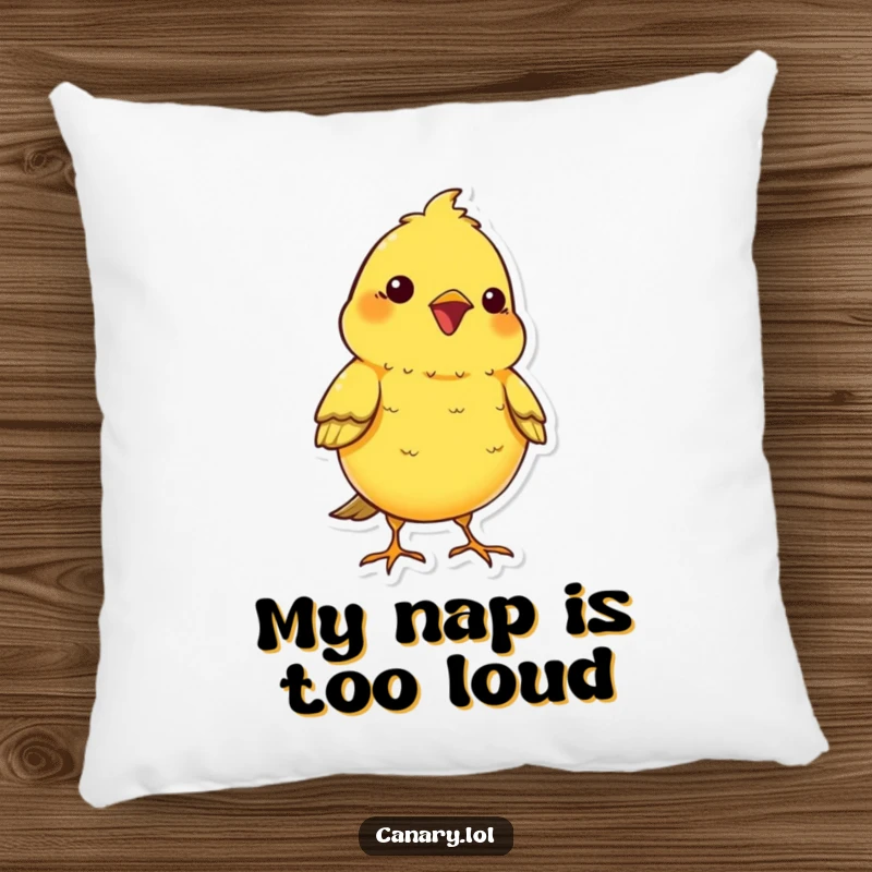 Funny kawaii canary bird pillow, chest puffed out, chirping cheerfully, a soft and humorous decorative accent.