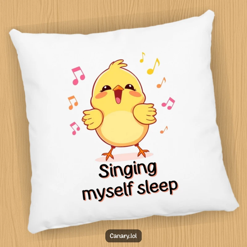 Funny kawaii canary pillow featuring a bird joyfully singing with musical notes, offering humorous comfort and decor.