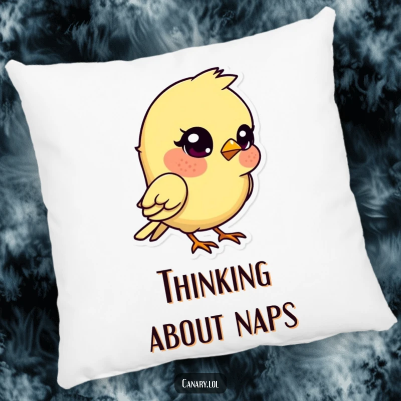 Funny kawaii canary bird pillow, head tilted quizzically, a soft and humorous decorative accent.