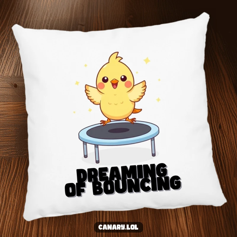 Funny pillow featuring a delightful kawaii canary executing a perfect, joyous bounce on a trampoline, perfect for adding cute cheer.