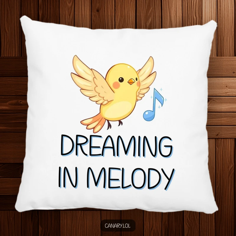 Funny musical canary pillow, cute bird with wings spread, hovering near a sparkling musical note, soft accent decor.