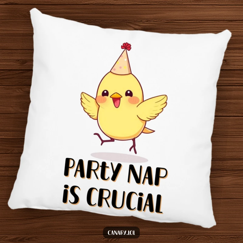 Funny pillow featuring a tiny canary wearing a party hat, bouncing enthusiastically, perfect for festive comfort.