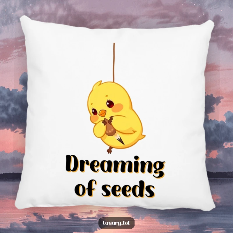 Funny Canary Pillow: Soft decorative pillow featuring a bright yellow bird playfully pecking at a dangling seed, adding comfort and fun.