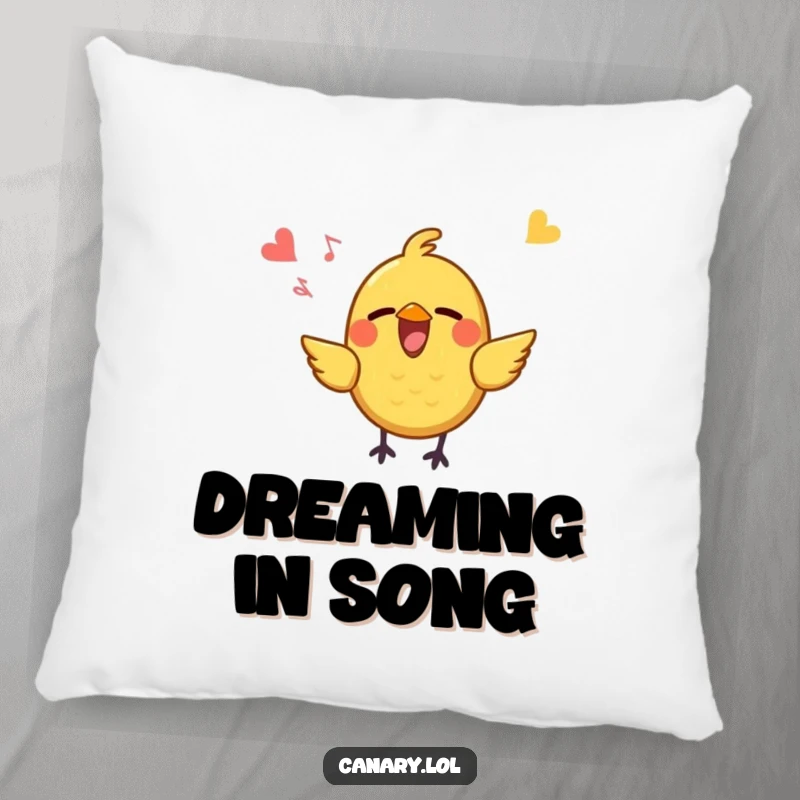 Funny Pillow featuring a small, yellow bird with a wide-open beak singing joyfully, creating a cozy and cheerful atmosphere perfect for relaxation.