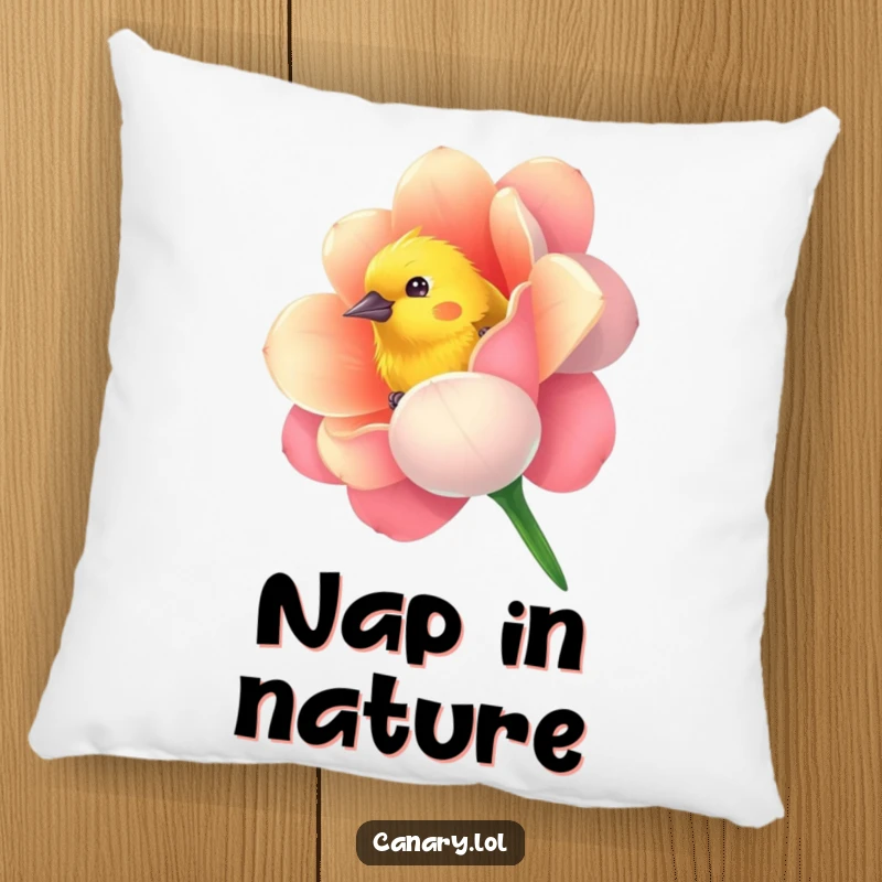 Funny pillow with a curious canary bird playfully peeking from a vibrantly colored flower, offering comfort and whimsical humor.