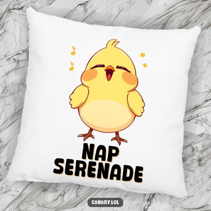 Funny Canary Pillow: Soft decorative pillow featuring a tiny bird vibrating happily with eyes closed, singing a content tune.