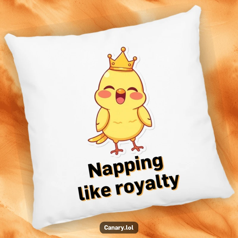 Funny Pillow featuring a joyful canary bird with a tiny crown, chirping merrily, perfect for cozy relaxation.