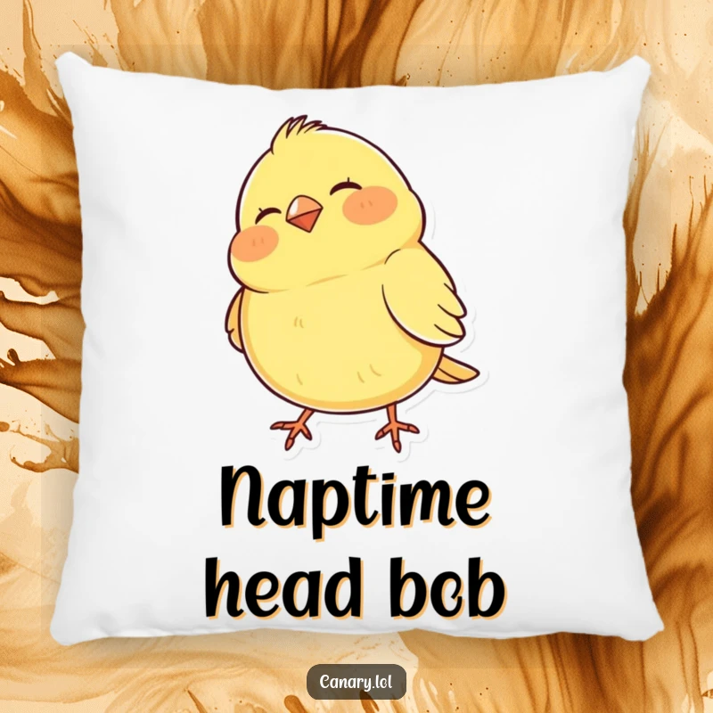 Funny Pillow showcasing a happy canary with puffed cheeks, caught in a funny, rhythmic head-bobbing pose, perfect for comfort.