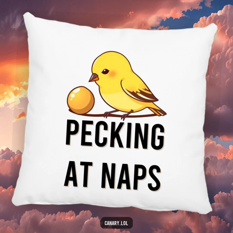 Funny Pillow: A small canary bird intently pecks at a shiny seed, offering plush comfort and a symbol of determined focus.