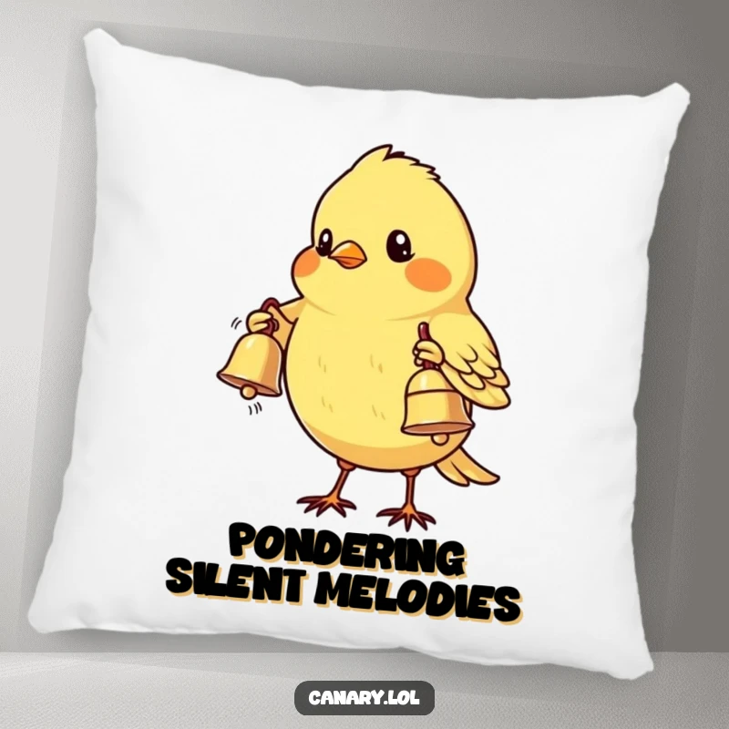 Funny Shy Canary Bird Pillow: A shy little bird offers a small, gleaming bell with its wing, creating a cozy and humorous atmosphere.