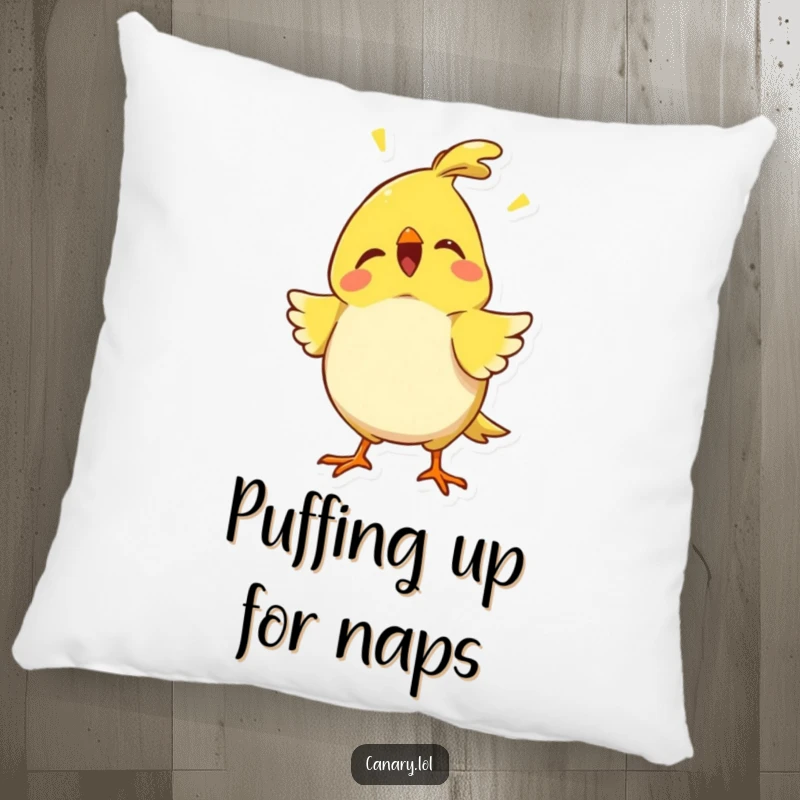 Funny proud canary pillow depicting a bird puffing its chest out with a proud chirp, offering soft comfort and a humorous, confident decorative touch.