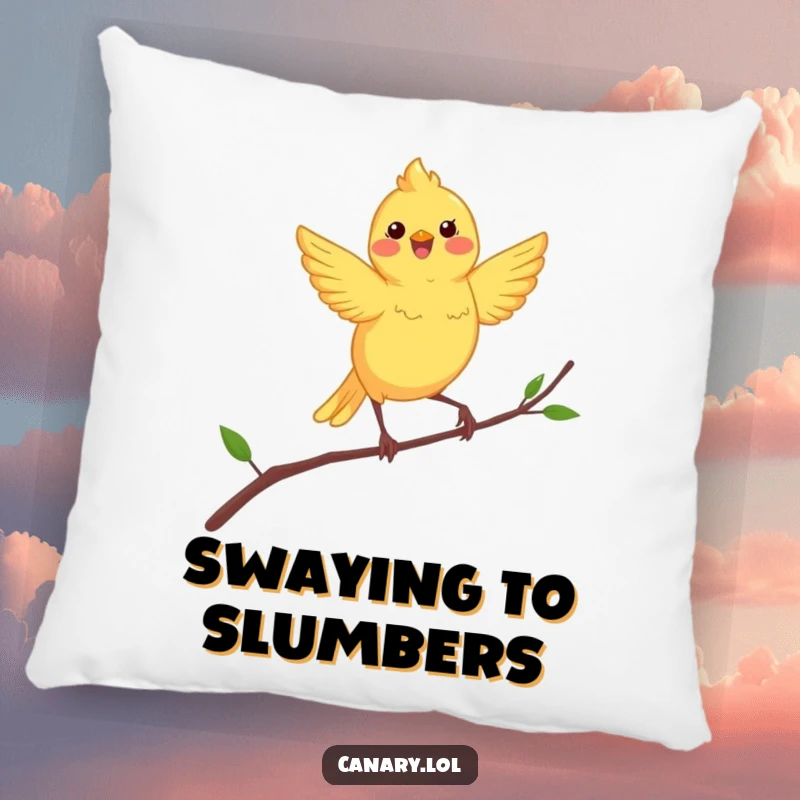 Funny canary pillow featuring a small, happy yellow bird in a dynamic dance pose on a swaying branch.