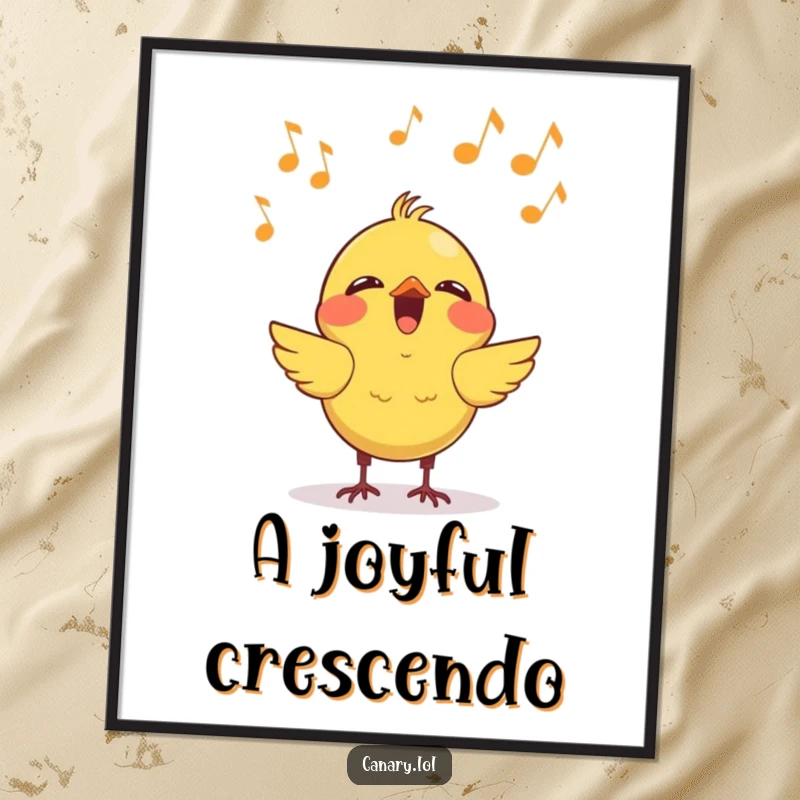 Funny kawaii canary singing digital art print, showing a cheerful bird with musical notes, perfect for instant download and humorous, musical decor.