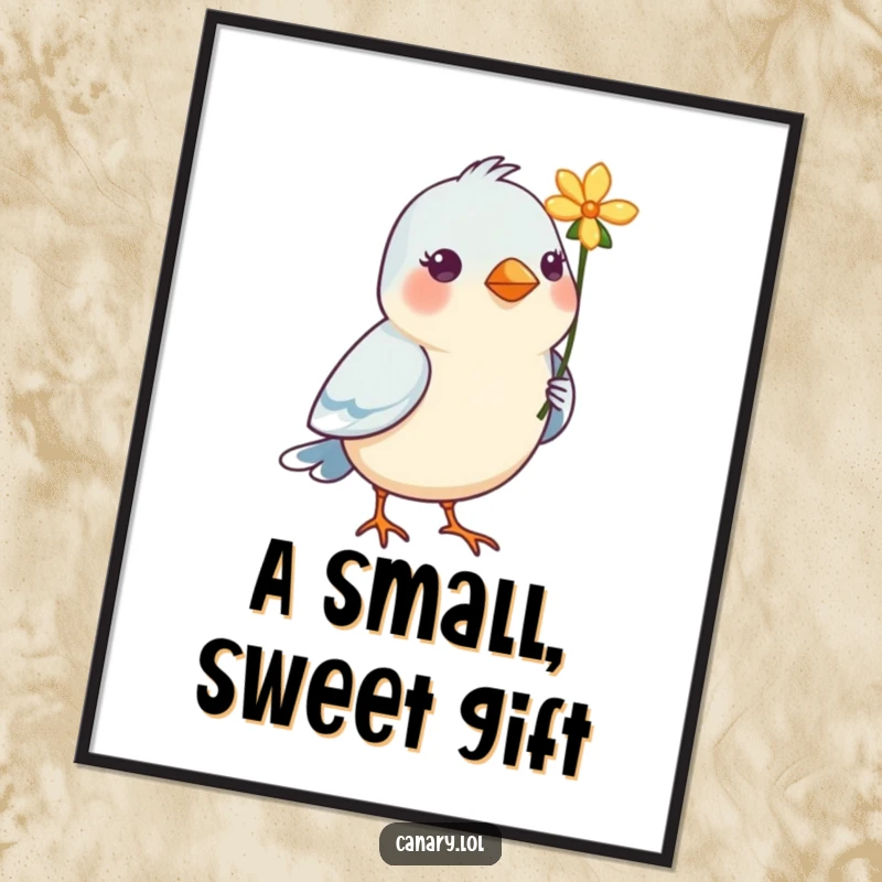 Funny Bird Digital Art: A beautiful image of a bird offering a vibrant flower, perfect for charming and humorous wall decor.