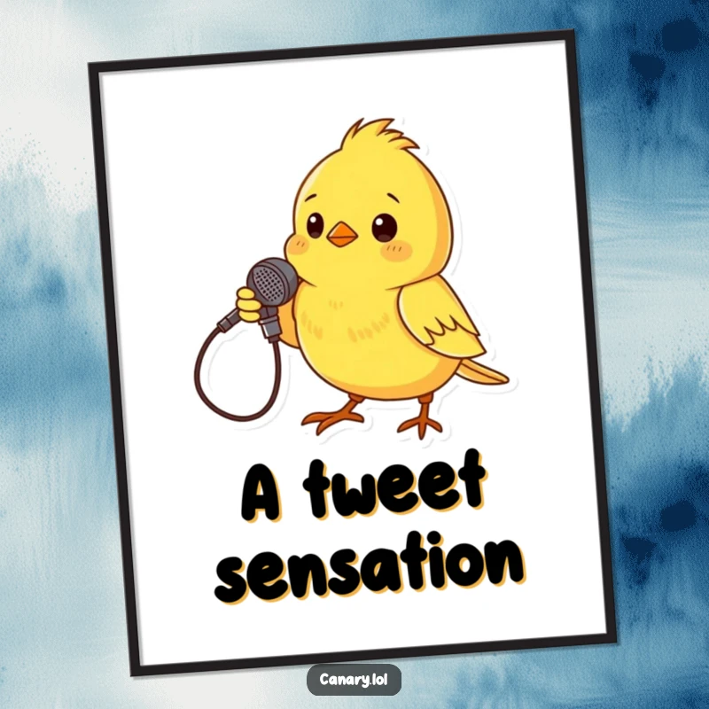 Funny Digital Art Print of a small yellow canary dramatically posing with a twig microphone, capturing a humorous and theatrical moment.