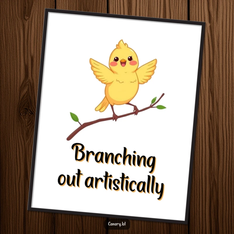 Funny canary digital art depicting a small, ecstatic yellow bird dancing with abandon on a thin, swaying branch.
