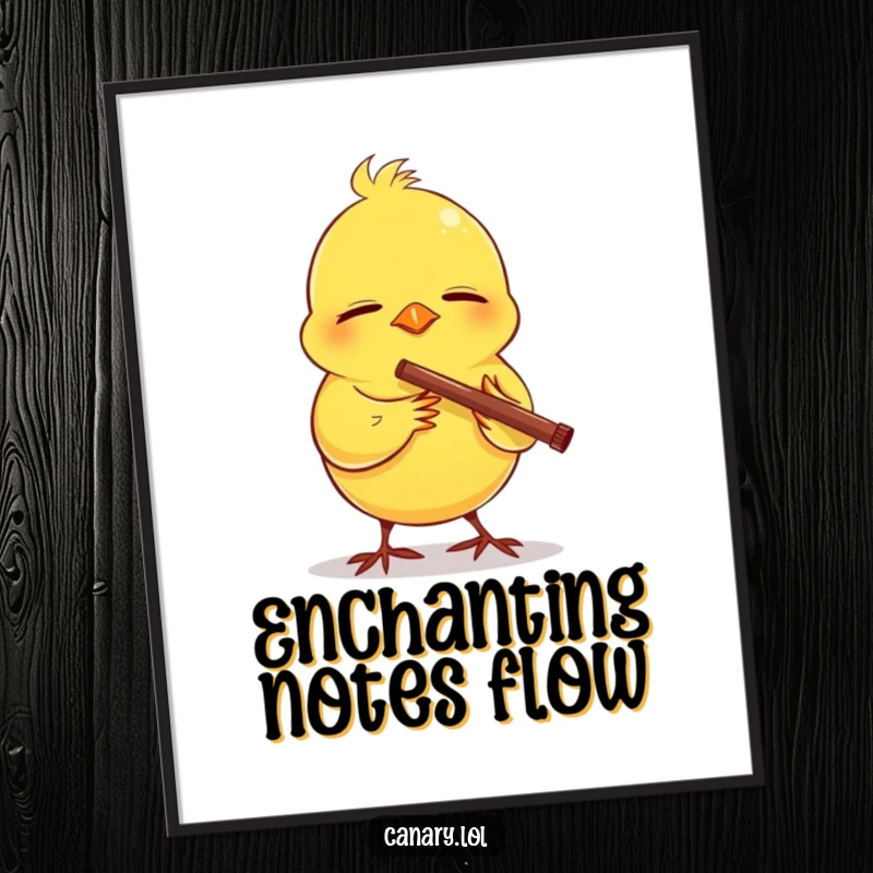 Funny digital art print of a happy canary with eyes closed, peacefully playing a tiny flute, radiating calm and melodic joy.