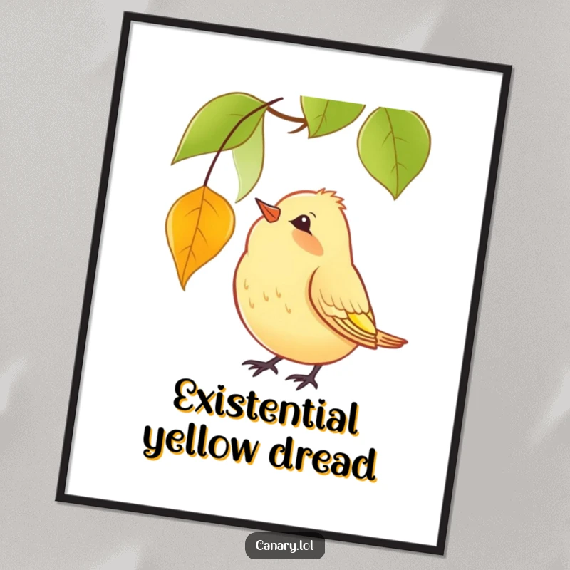 Funny Digital Art Print of a yellow canary tilting its head curiously, watching a red leaf fall, capturing a humorous and serene moment.