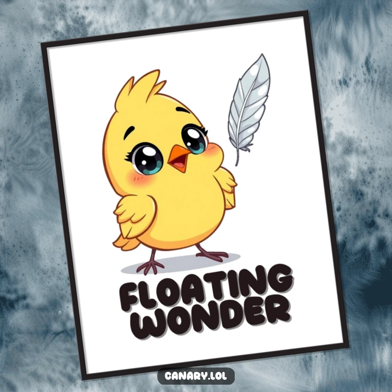 Funny astonished canary bird digital art print, wide eyes, staring in disbelief at a floating feather. Humorous and captivating wall art.