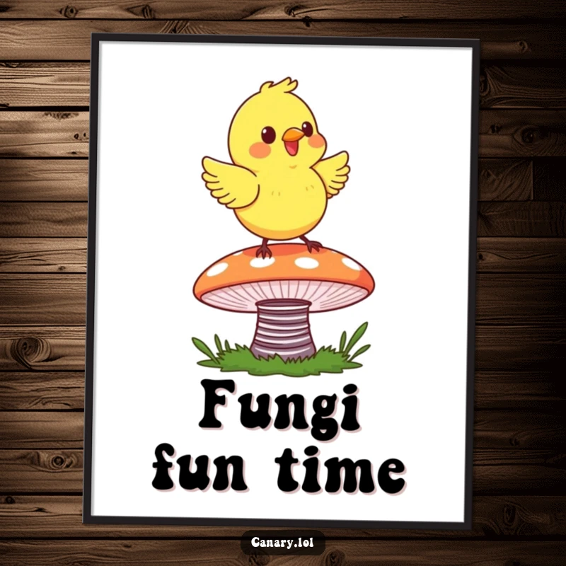 Funny Canary Mushroom Digital Art Print showing a happy canary joyfully bouncing on a colorful, springy mushroom cap, full of glee.
