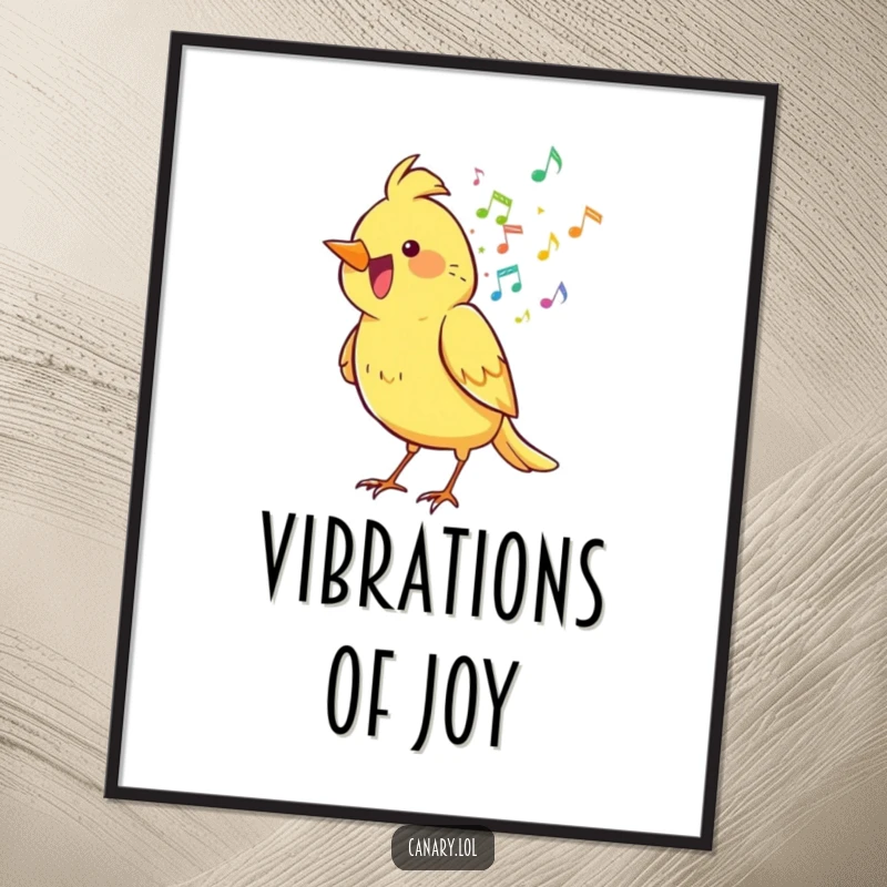 Funny canary bird digital art print, joyfully spilling a rainbow of musical notes, for instant humorous wall decor.