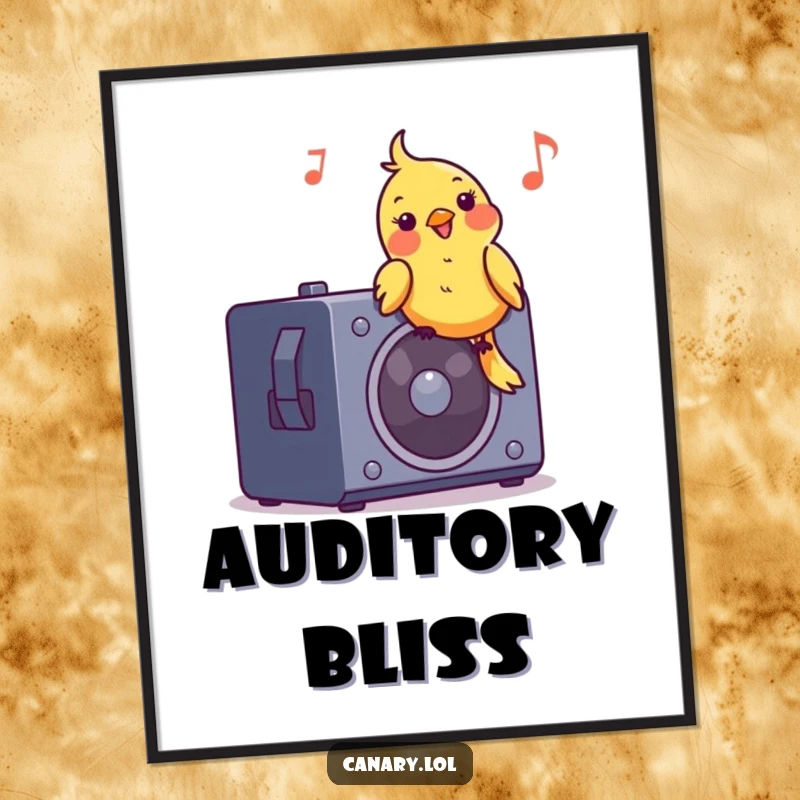 Funny digital art print of a cheerful canary bird bobbing its head to music on a speaker, capturing musical joy.