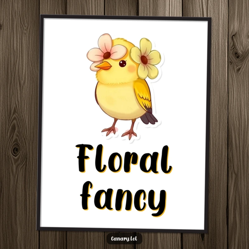 Funny small canary bird digital art print, comically wearing a flower as a hat. Whimsical and humorous wall decor.
