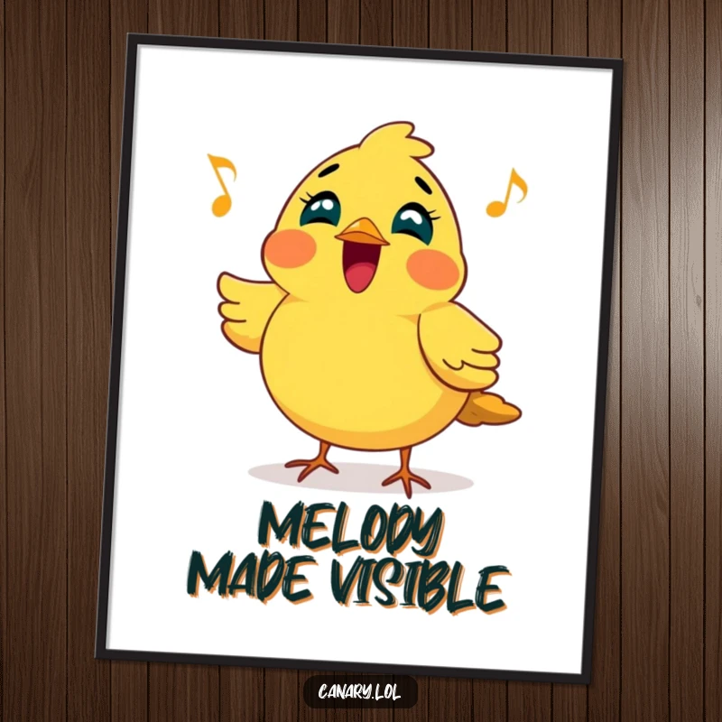 Funny digital art print of a cheerful canary bird puffing its chest out, joyfully singing a bright, melodic tune, ideal for instant cheerful decor.