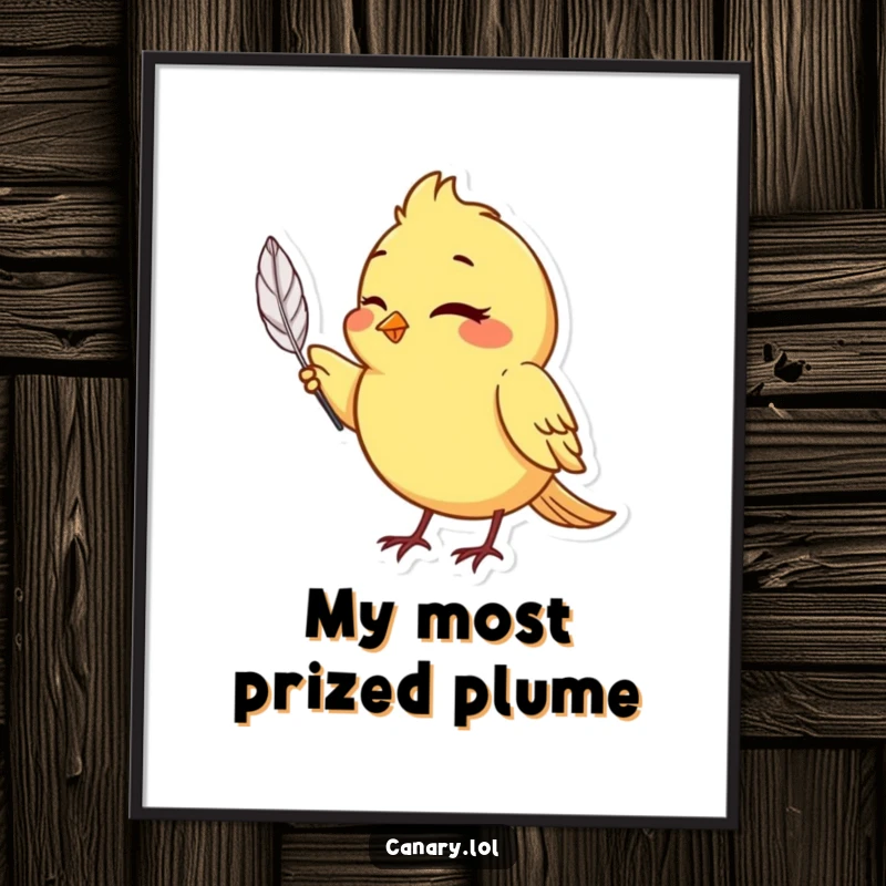 Funny canary bird digital art print of a bird winking and holding a single, perfect feather, ready to frame.