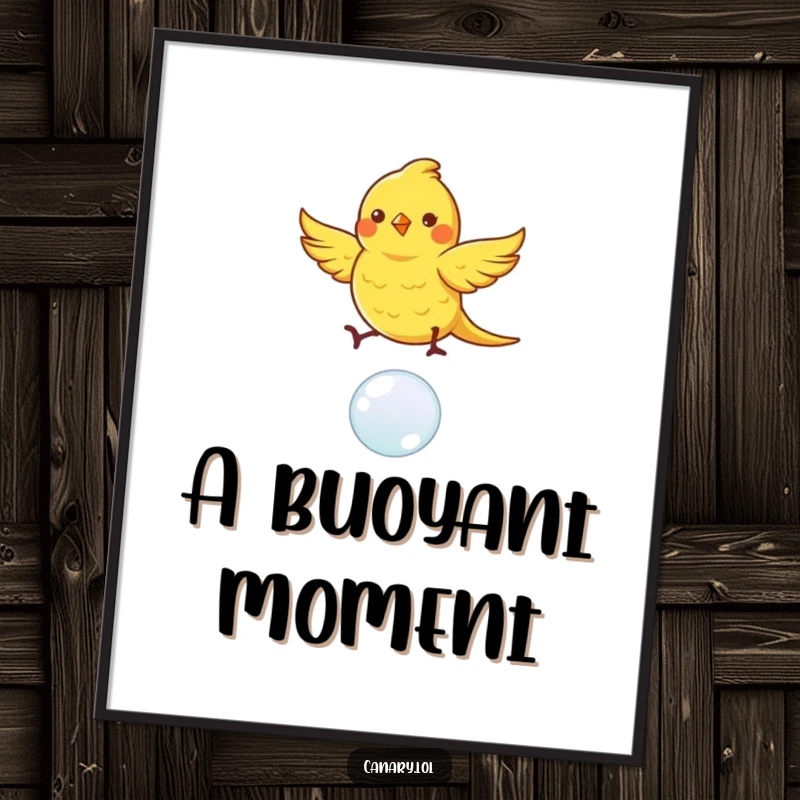 Funny canary bird digital art print, dancing with fluttering wings on a bouncing bubble, for instant whimsical decor.
