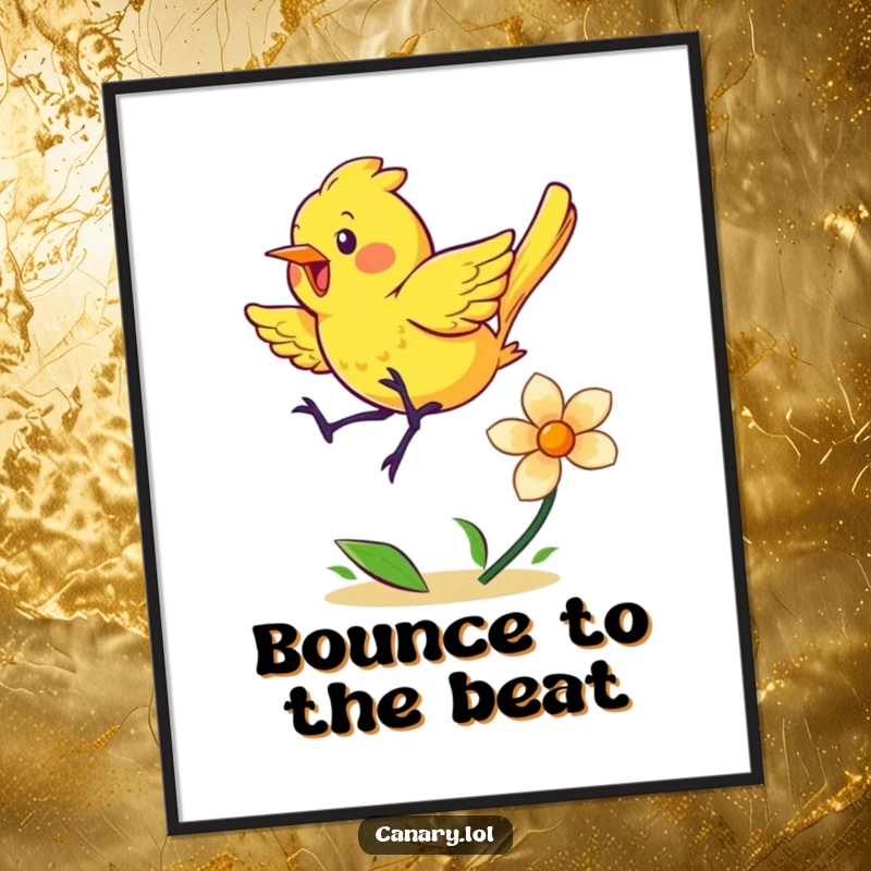 Funny digital art print of an energetic yellow canary bouncing exuberantly on a spring flower, ready for instant download.