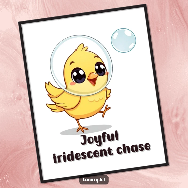 Funny canary bird digital art print, joyful eyes, chasing a floating soap bubble, cheerful and whimsical decor.